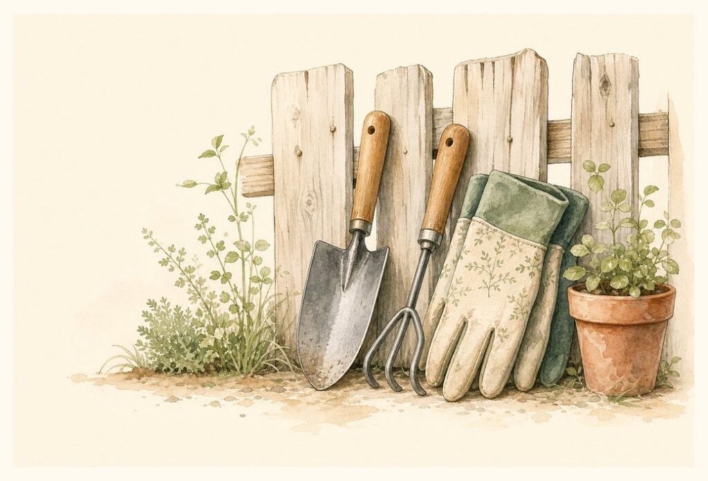 Watercolor illustration of garden tools and gloves leaning against a wooden fence for the Start Small planner.